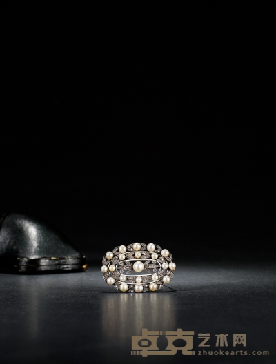 1901年制 爱德华时期野生珍珠镶嵌钻石胸针 5×3.2cm 重量：20.4g