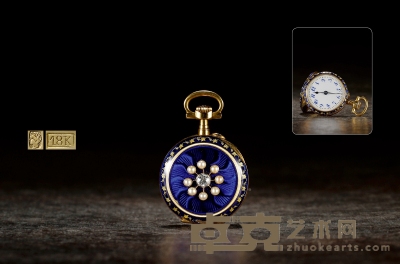 1900年制 18K金蓝珐琅镶嵌珍珠饰怀表 表径：22mm
