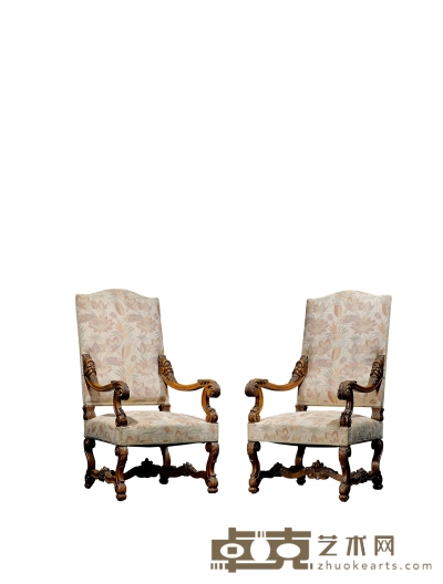 1890年制 法式人物雕刻饰布艺扶椅一对 长：63cm 宽：68cm 高：125cm