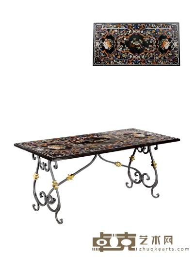 十九世纪制 意大利彩石镶嵌（PIETRA DURA）花鸟纹饰餐桌 长：180cm  宽：90cm  高：80cm