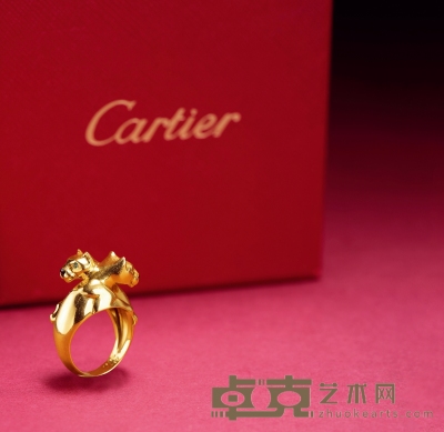 卡地亚（Cartier）Double Panther 18K黄金缟玛瑙祖母绿双豹戒指（附原盒） 戒圈尺寸11.5，重约13.9克