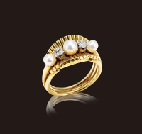 约1930年制 14K金镶钻石配天然珍珠戒指