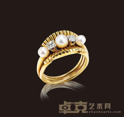 约1930年制 14K金镶钻石配天然珍珠戒指 戒圈尺寸14，重约7.7克