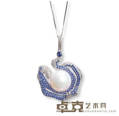 13mm珍珠蓝宝石钻石吊坠 吊坠尺寸约39×26.5mm，重约11.42克