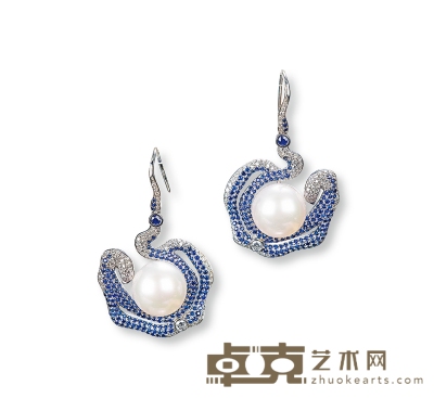 13mm珍珠蓝宝石钻石耳坠 耳坠尺寸约43×27mm×2，重约21.76克