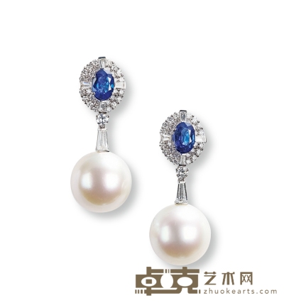 金镶南洋白珍珠蓝宝石耳坠 耳坠尺寸约32×13mm×2，重约10.53克