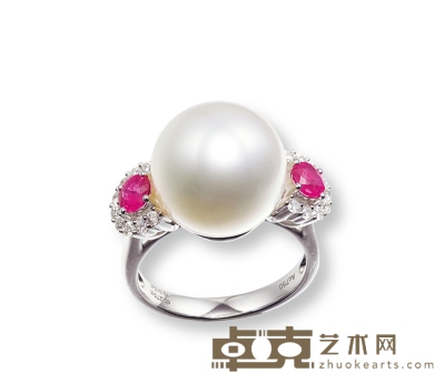 13.6mm海水珍珠配红宝戒指 戒圈尺寸14，重约8.3克