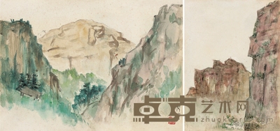 关 良 剑门关口(双面画) 19.5×26.5cm,26.5×19.5cm