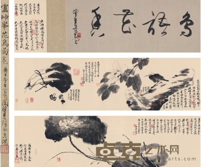 卢坤峰  花鸟图卷 引首：87×33cm 画心：276×33cm   