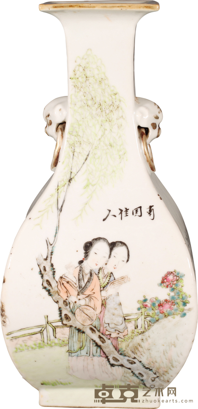 清·光绪浅绛彩人物兽耳四方瓶 H:27.5cm