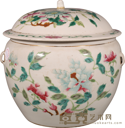 民国 粉彩花卉纹粥罐 H:21cm