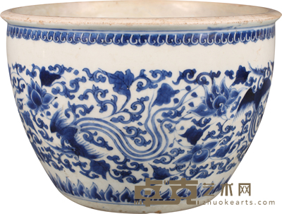 明 嘉靖青花凤纹缸 H:14.5cmD:21cm