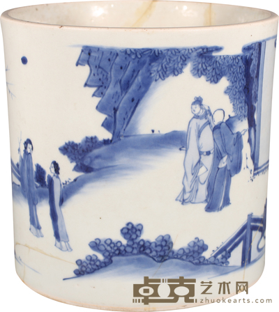 明 崇祯青花西厢记笔筒 D:19.5cm H:19cm