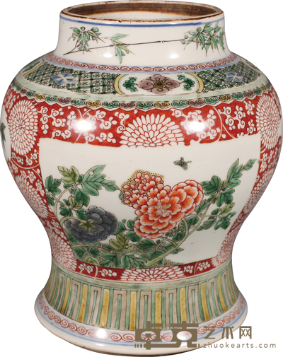 清 康熙五彩开光花卉鱼藻纹罐 H：24cm