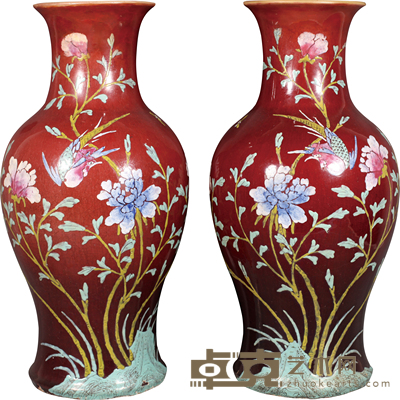 清 乾隆郎红加彩观音瓶 H:42cm