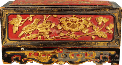 民国 朱红漆金木雕盒 L:26.5cm H:13.3CM