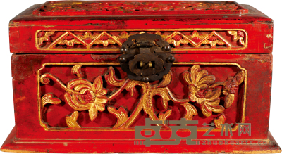 民国 朱红漆金木雕盒 L:28cm H:14.5CM