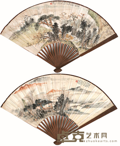 唐 云·申石伽 山水 51×18.5cm×2