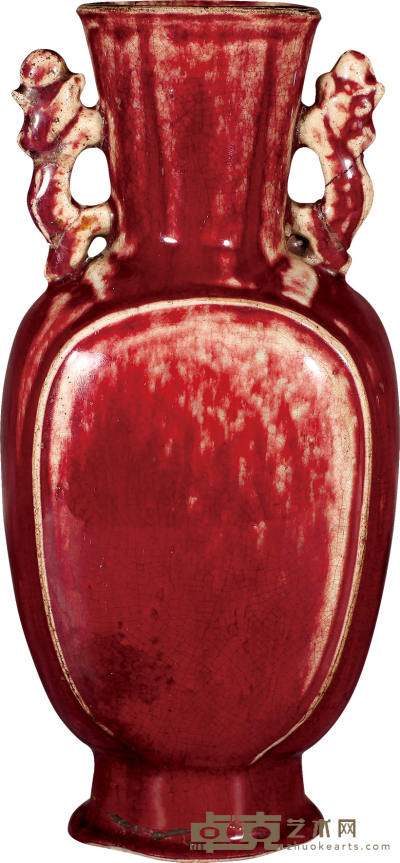 清·乾隆红釉龙耳扁瓶 H：23cm