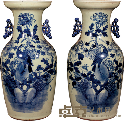 清·晚期豆青青花花鸟纹盘口瓶(1 对) H:43cm