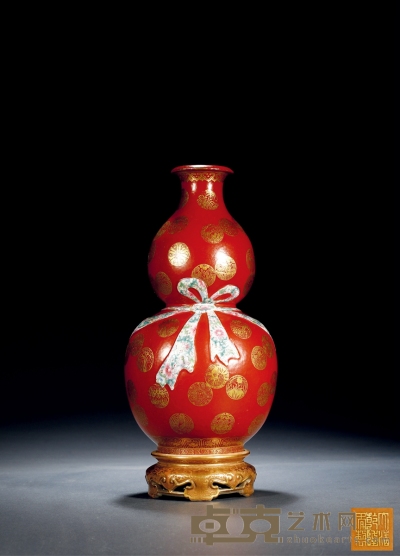 清·珊瑚红釉粉彩百花描金包袱葫芦瓶 高：32cm