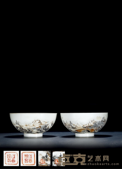 民国·刘希任绘粉彩雪景图薄胎碗（一对） 高：7.2cm 直径：15cm 数量：2
