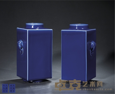 清光绪·霁蓝釉象耳琮式瓶（一对）  高：29cm 数量：2