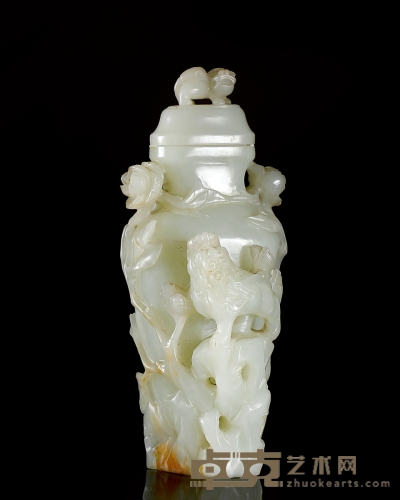 清•白玉雕狮纹盖瓶 172×78×67mm