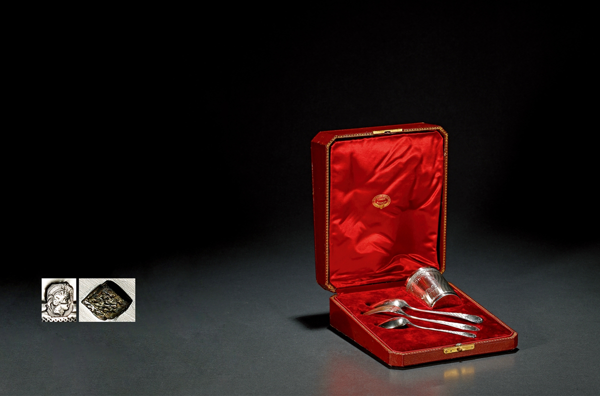 1880年制 巴德（E.BADER）纯银鎏金餐具礼盒四件套组