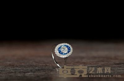 装饰艺术（ART DECO）时期 鑽石鑲嵌藍寶石戒指 戒圈：10 重量：2.79g