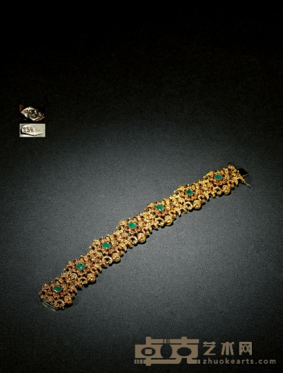 维多利亚时期 黄金镂空雕花花卉饰祖母绿手链 长：20cm 重量：85.2g