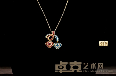 红宝石及蓝宝石镶嵌18K黄金双心造型项链 重量：7.78g