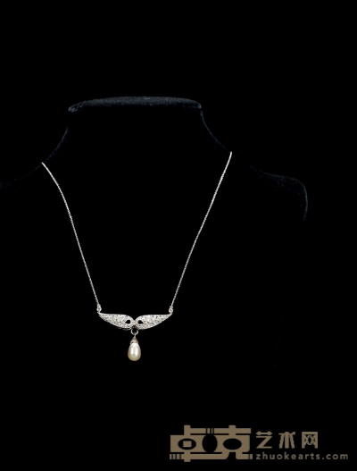 爱德华时期 18K白金镶嵌钻石及珍珠天使之翼造型项链 重量：8.24g