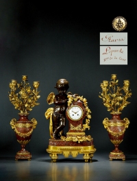 1880年制 亨利·勒波特（HENRRY LEPAUTE）制造杰皮弗雷斯（JAPY FRERES ）钟芯小天使饰铜雕鎏金三件套钟
