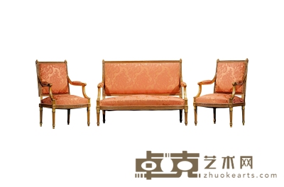 1890年制 法式胡桃木金漆布艺沙发三件套组 沙发长：126cm 宽：65cm 高：160cm
椅长：65cm 宽：49cm 高：95cm