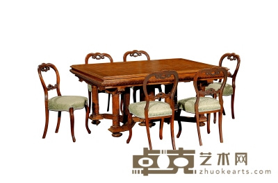 1920年制 ART DECO（装饰艺术风格）餐桌配六椅 餐桌长：158m 宽：120cm 高：75cm
餐椅长：42cm 宽：42cm 宽：84cm