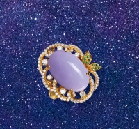 “暮春三色”金镶紫色翡翠配钻石沙佛莱石戒指