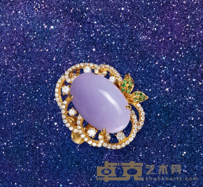 “暮春三色”金镶紫色翡翠配钻石沙佛莱石戒指 翡翠约18×11.5mm，戒圈14.5