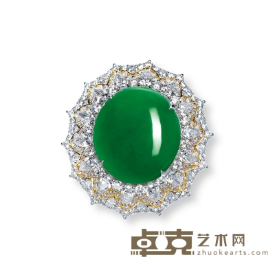 金镶冰种阳绿翡翠蛋面戒指 翡翠约19.5×17.5mm，戒圈14