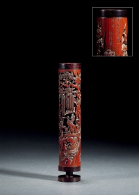 清早期·竹镂雕仕女抚琴图香筒