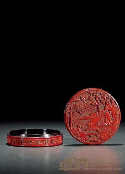 清·铜胎剔红访友图香盒 高：3cm 直径：8.7cm