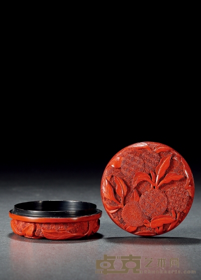 清·铜胎剔红荔枝纹香盒 高：3.5cm 直径：7.2cm