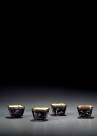 清·黑漆嵌螺钿山水人物纹酒杯一组四件
