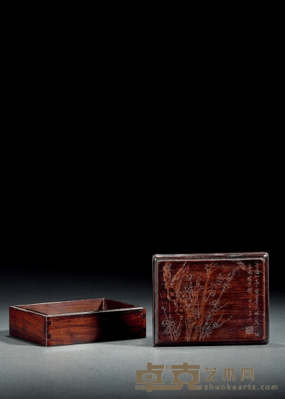 清·红木刻古梅图诗文盖盒 高：5.5cm 长：13.7cm 宽：11cm 