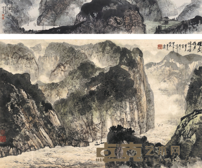 黄纯尧  为贺采作  烟云江峡图·高峡峥嵘图 96.5×16.5cm 105.5×67.5cm