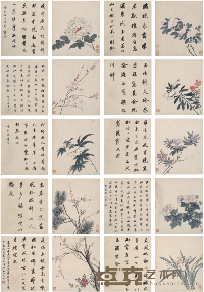 潘恭寿 画、王文治 题 花卉册 31.5×27.5cm×20