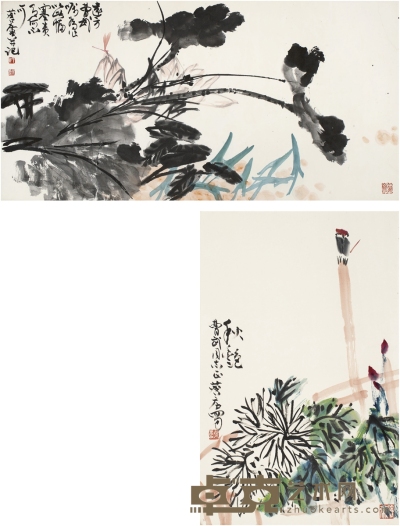 许麟庐  为曹武作 花卉二帧 69×43cm 137×68.5cm