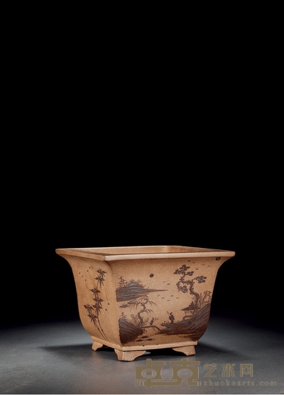 清·紫砂堆泥山水人物图花盆 高：16cm长：21.2cm宽：21.2cm