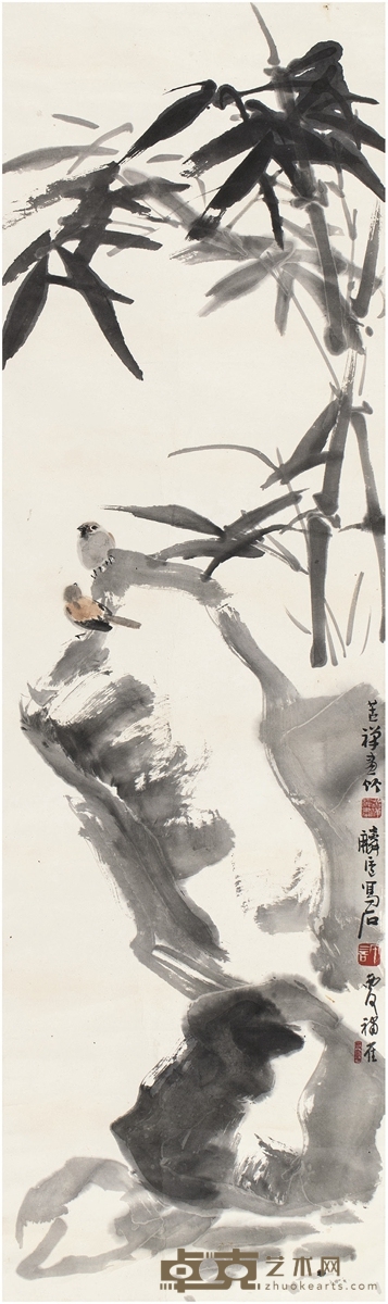 李苦禅 、许麟庐 等 竹石栖禽图 130.5×38.5cm