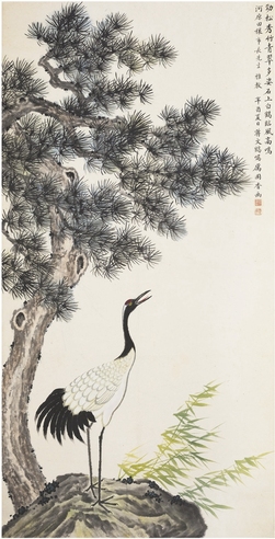 厉国香  苍松鸣鹤图